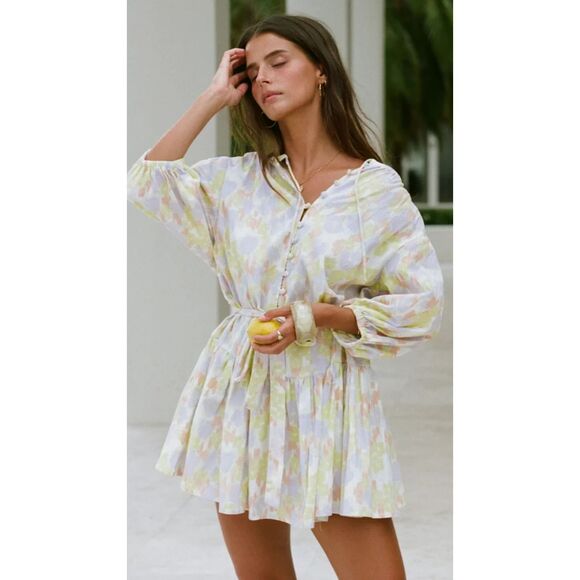 SABO Yellow Purple Orange Oversized Puff Sleeve Peplum Waist Tie Mini Dress 6 - Picture 1 of 11